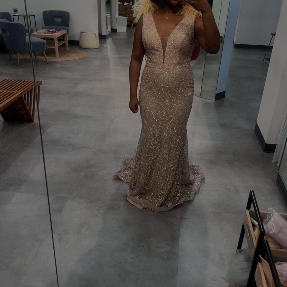 beige prom dress with diamond rhinestones